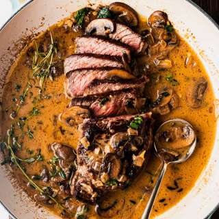 Pan Seared New York Strip Steaks with Mushroom Cream Sauce