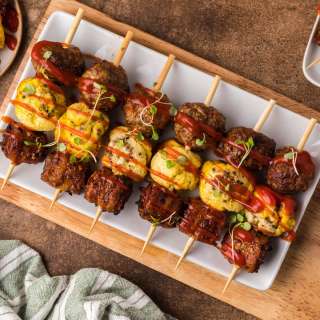 Breakfast Kabobs with Breakfast Meatballs and Bacon Rolled Up