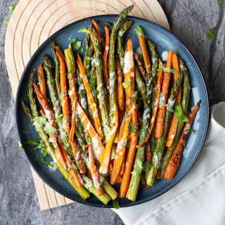 Roasted Asparagus and Carrots with Hummus Lemon Drizzle
