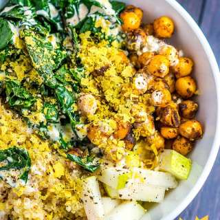 Quinoa Bowl with Chilli Spiced Chickpeas, Wilted Kale, Pear, and Garlic Chipotle Mayo