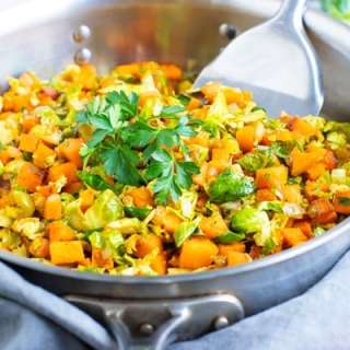 Skillet Brussel Sprouts and Sweet Potatoes