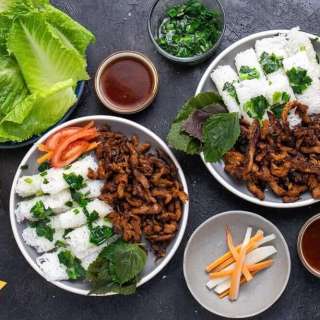 Vietnamese Vermicelli Bundles with Marinated Soy Curls - Bánh Hỏi Thịt Nướng Chay