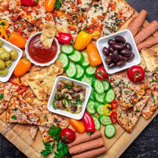 Vegan Pizza Snack Board with Marinated Mushrooms