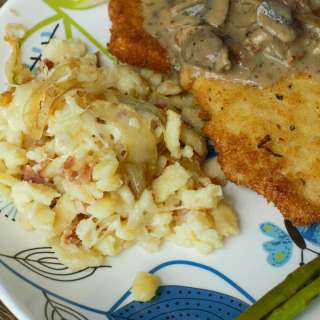 German Kasespatzle with Caramelized Onion and Bacon