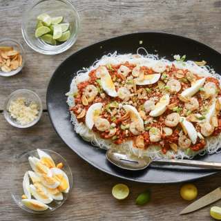 Pancit Palabok (Filipino Rice Noodles w/ Pork & Shrimp)