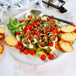 Easy Pesto Appetizer Recipe with Burrata and Roasted Tomatoes