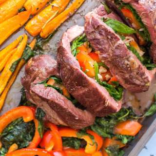 One Pan: Oven Roasted Red Peppers, Spinach, and Cheese Stuffed Steak with Glazed Carrots