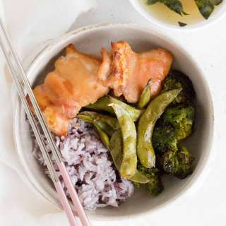 Oven Baked Miso Chicken Thighs with Broccoli and Edamame