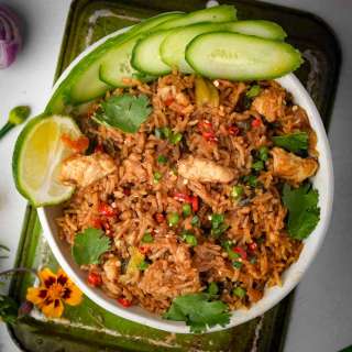 Tom Yum fried rice with beancurd and mushrooms 