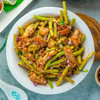 Adobong Sitaw (Filipino long beans with Tofu and Jackfruit “Pork”)