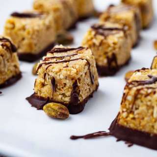 Healthy coconut bites with chocolate and pistachios