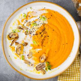 Roasted carrot lentil soup with chestnuts and chili oil