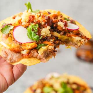 Vegan Tostadas with Refried Beans and Tofu Chorizo