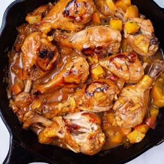 One Skillet Peach Glazed Chicken Legs
