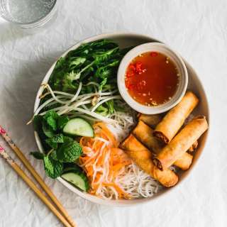 Vietnamese Rice Vermicelli Noodles with Spring Rolls (Bun Cha Gio)