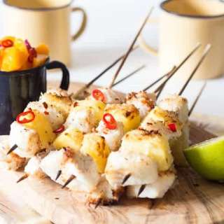 Coconut Encrusted Pineapple and Fish Kebabs with Mango Salsa