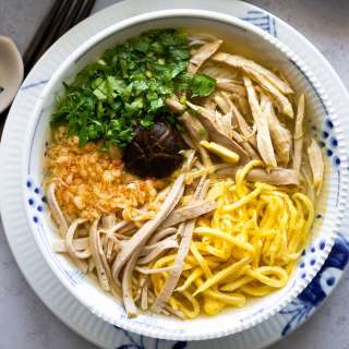 Vietnamese bun thang (Hanoi rice vermicelli noodles with chicken, eggs and pork)