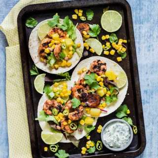 Grilled Jerk Shrimp Tacos with Sweetcorn, Pineapple and Mango