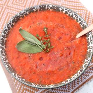 Roasted bell pepper and garlic soup with sage and thyme