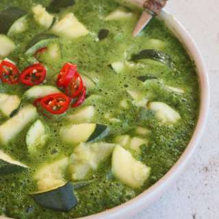 Thai inspired cold spinach soup with steamed zucchini
