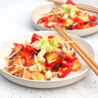 Vegan sweet and sour pineapple stirfry with ginger and cashew nuts