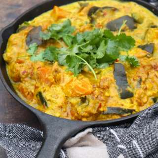 Indian sweet potato and eggplant curry with turmeric and coconutmilk