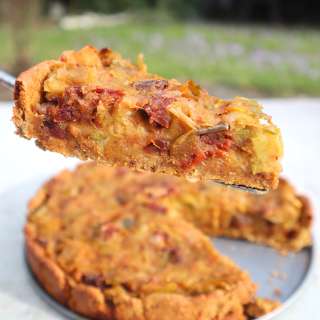 Leek quiche with potato crust and chickpea filling