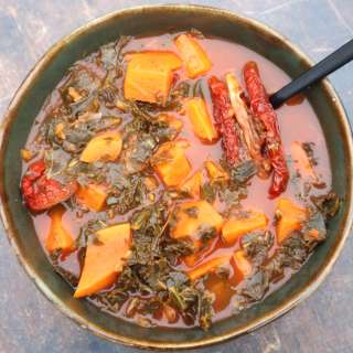 Kale soup with sweet potatoes and dried tomatoes