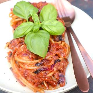 Spaghetti with caramelized onions – glutenfree en vegan