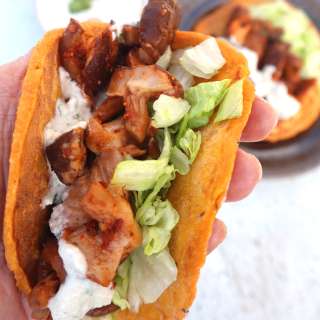 Shiitake kebab with soft sweet potato pitas and cashew garlic sauce