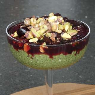 Matcha overnight chia with hemp seeds, pistachio's and cherry's