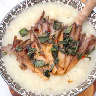 Parsnip cauliflower soup with oyster mushrooms, oregano and sage