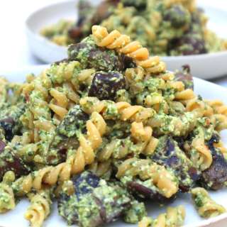 Glutenfree lentil pasta with mushrooms and spinach cashew sauce