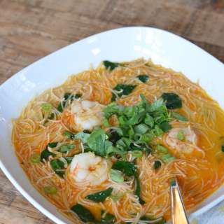 Easy Curry Noodle Soup with Shrimp and Kale