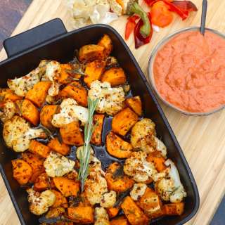 Grilled sweet potato and cauliflower with pepper garlic dip
