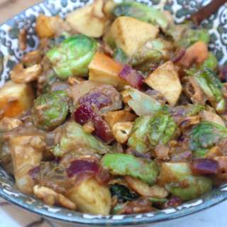 Sweet and umami baked Brussels sprouts with apple in a soyfree 'miso' sauce