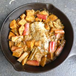 Haddock with sweet potatoes and rhubarb in orange maple sauce