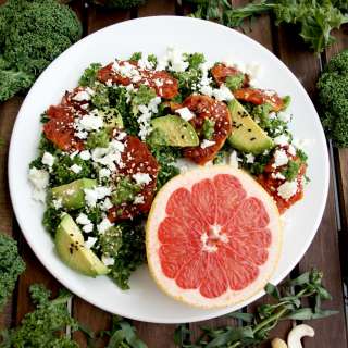 Kale Salad with Caramelized Grapefruit, Avocado, Feta and Pesto Dressing