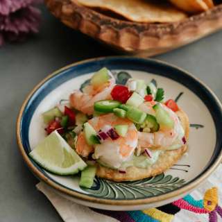 Shrimp Ceviche (Ceviche de Camarón) Tostadas with Avocado Crema