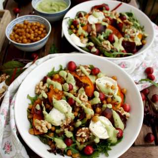 Warm Winter Salad with Pumpkin, Goat Cheese and Cranberries with Avocado Dressing