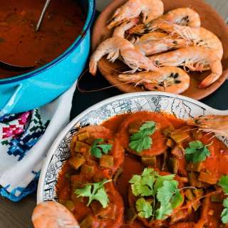 Tortitas de Camarón con Nopales (Mexican Dried Shrimp Patties with Red Chile Sauce and Cactus)