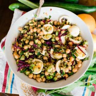 Spicy Chickpea Salad with Cucumbers, Cilantro, & Eggs