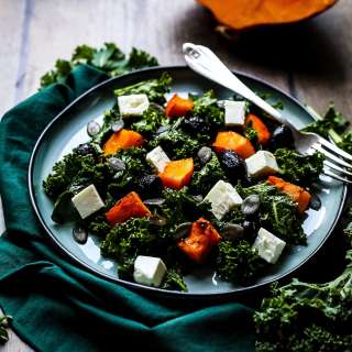 Kale Pumpkin Salad with Feta and Pesto Dressing