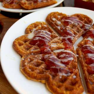 Delicious and Low-Caloric Pumpkin Waffles Topped with Homemade Prickly Pear Cactus Jam and Condensed Milk