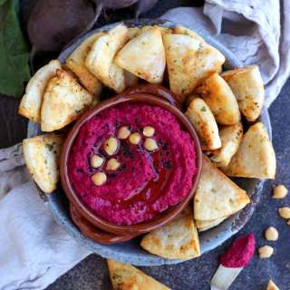 Roasted Beet Hummus with Pita Chips