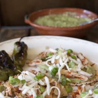 Arepas Topped with Chicken and Roasted Padron Peppers and Avocado and Padron Salsa