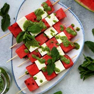 Watermelon Skewers with Feta and Mint Pesto