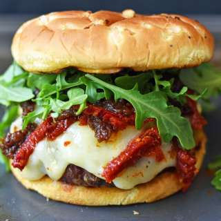 Brie Burger with Caramelized Onions and Sundried Tomatoes