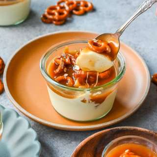 Panna Cotta with Salted Caramel and Toffee Pretzels