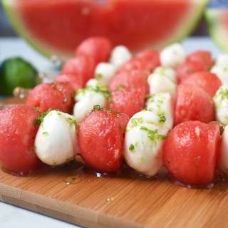 Fresh Mozzarella Watermelon Skewers with Honey Lime Drizzle
